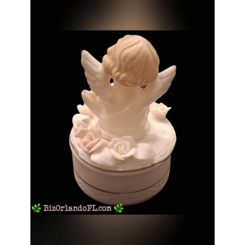 VINTAGE: Porcelain Trinket Jewelry Box Angel Playing Harp Lid Applied Roses HTF